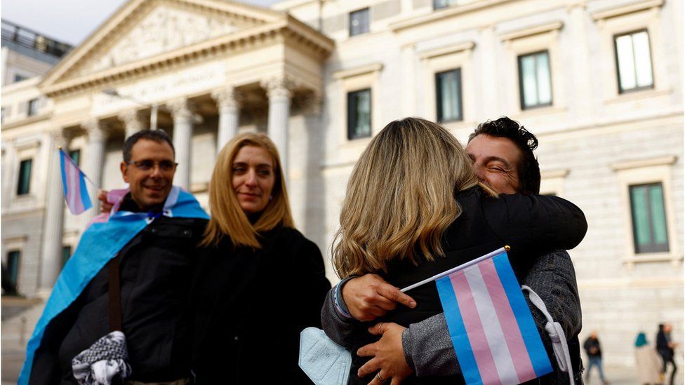 Activists for transgender rights celebrate the approval of a bill that will make it easier for people to self-identify as transgender, outside Spain's Parliament in Madrid