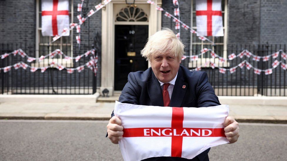 Boris Johnson with an England flag outside No 10 Downing Street