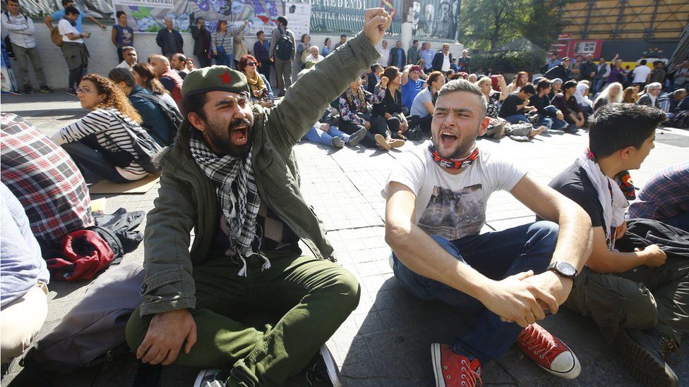A sit-down protest against the explosions in Ankara, Turkey, Saturday 10 October 2015