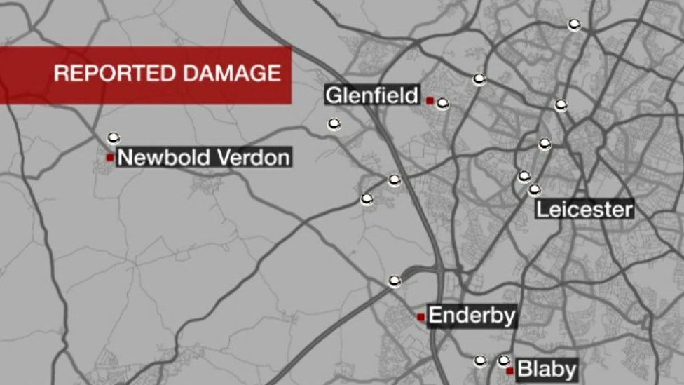 BBC graphic of damages across Leicester and Leicestershire
