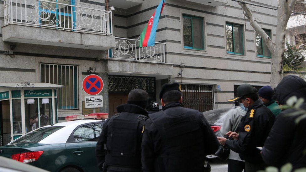 Police take security measurements after one person was killed in an attack using an automatic weapon on Azerbaijan's Embassy in Iran's capital Tehran, on January 27, 2023. Head of embassy's security service killed, says Azerbaijan's Foreign Ministry, while state media says suspect in attack was detained.