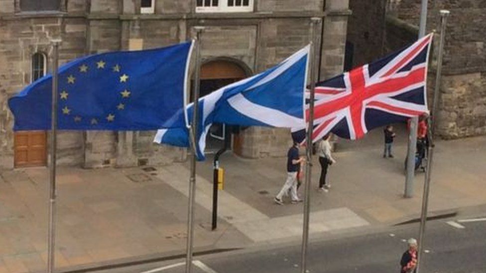 Saltire, Union Jack and EU flag