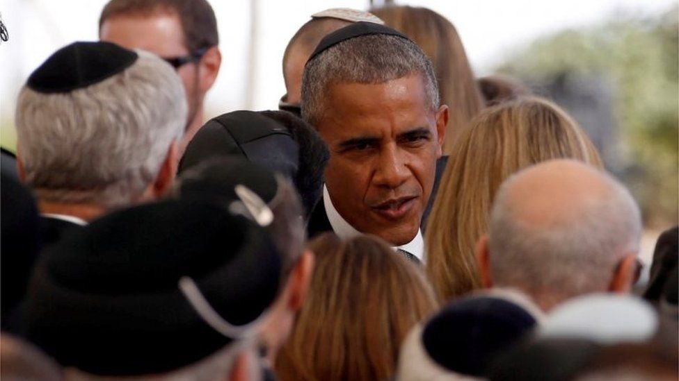 US President Barack Obama is seen upon his arrival to attend the funeral of former Israeli President Shimon Peres at Mount Herzl cemetery in Jerusalem 30 September 2016.