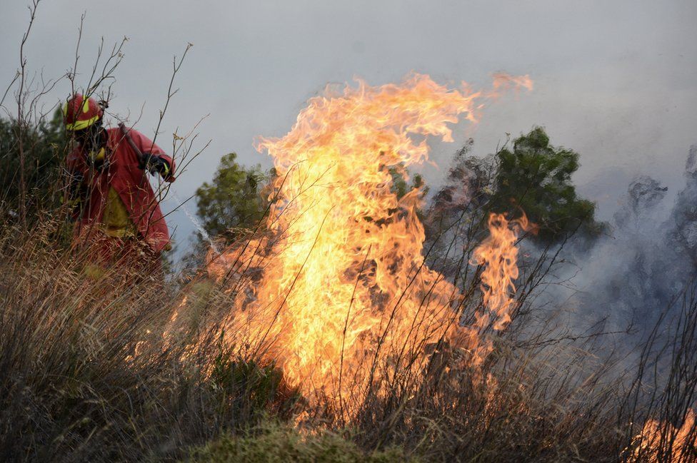 A firefighter seen trying to put out a fire in Greece