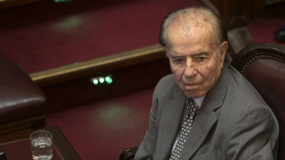 Argentina's former president and current Senator Carlos Menem attends a session on the debate of a bill to renegotiate the public external debt at the Congress in Buenos Aires on February 5, 2020.