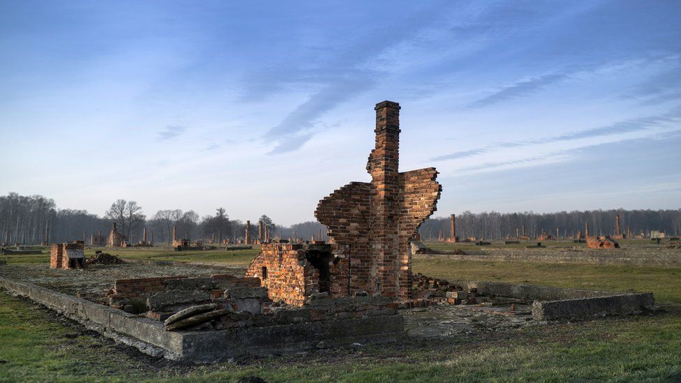 The remains of one of the prisoner huts at the Auschwitz II-Birkenau extermination camp on December 19, 2019 in Oswiecim, Poland