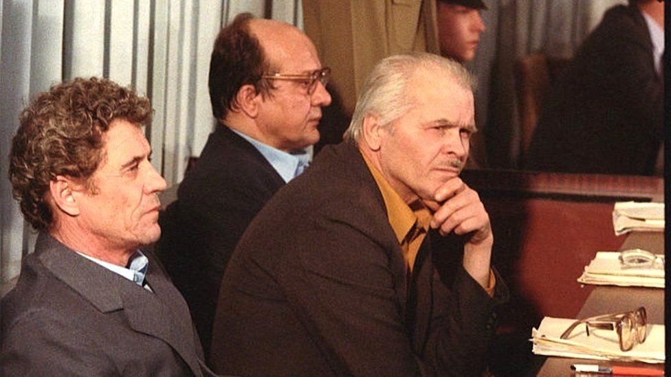 Director of Chernobyl Nuclear Power Plant Viktor Bryukhanov (left), deputy chief engineer Anatoly Dyatlov (centre) and chief engineer Nikolai Fomin at the trial