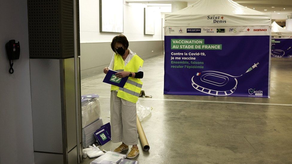 Tents for a COVID-19 vaccination centre are installed inside the national stadium of France, Stade De France, in Saint Denis, near Paris, France, 31 March 2021