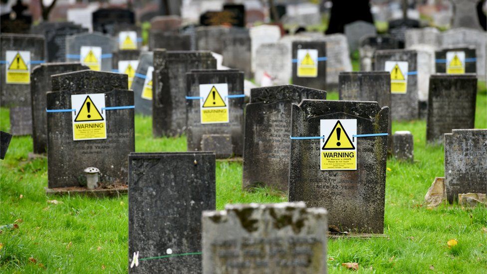 Yellow safety signs on Plymouth graves 'hideous' BBC News