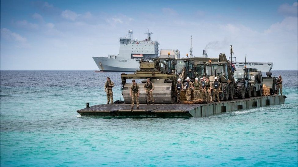 A Mexifloat from RFA Mounts Bay on its way to Grand Turk in the Turks and Caicos islands with vehicles for use in the rebuild