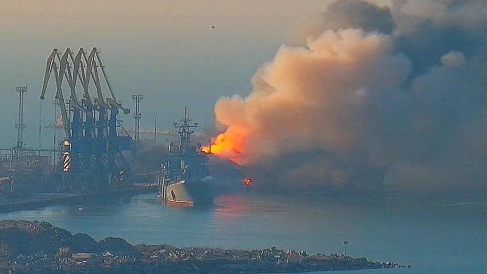 Russian landing ship on fire at Berdyansk port