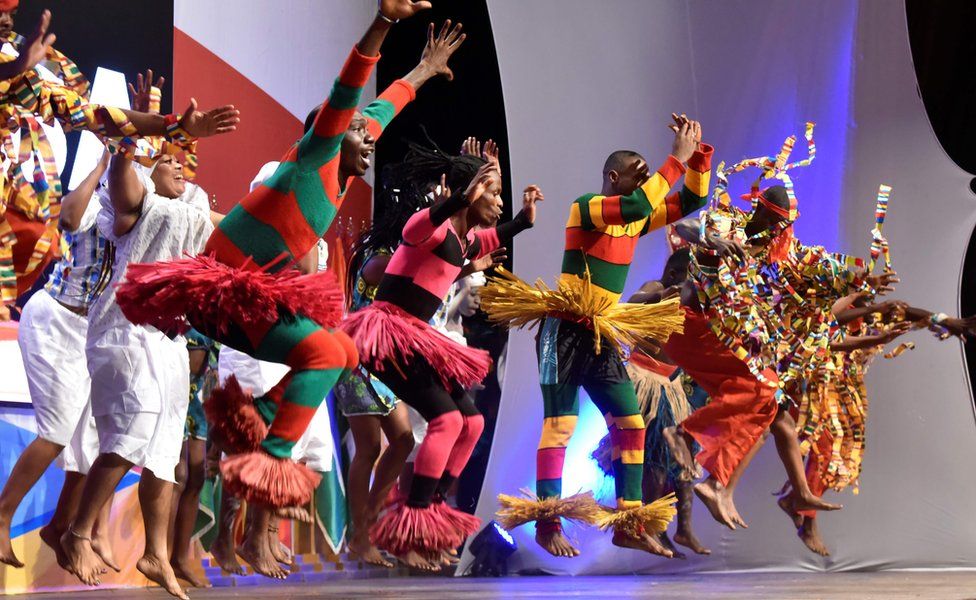 Dancers perform during the First Ladies of West Africa Conference on child labour, in Abidjan on October 17, 2017.