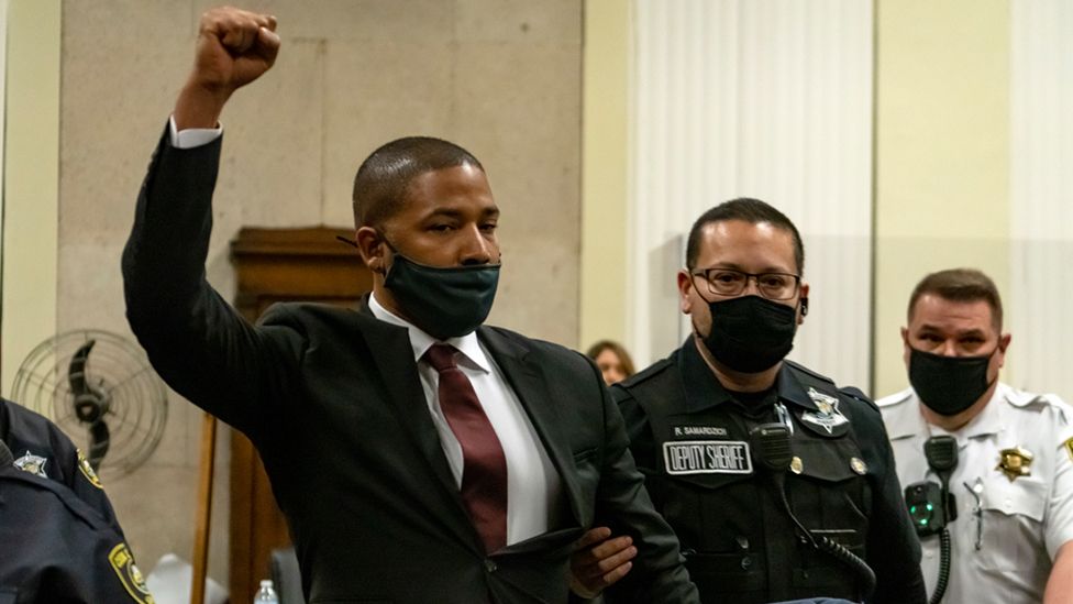 Actor Jussie Smollett is led out of the courtroom after being sentenced at the Leighton Criminal Court Building on 10 March 2022 in Chicago, Illinois