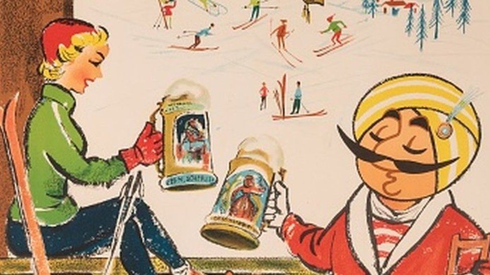 Geneva" poster depicting the company mascot â€“ the Maharaja â€“ relaxing at a ski resort and toasting a large beer with his ski partner while balancing on a broken leg and crutches, designed for Air India, 1965.
