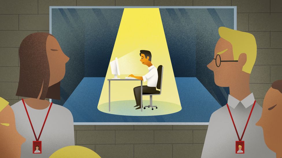 Illustration showing people observing an office worker through a secret screen