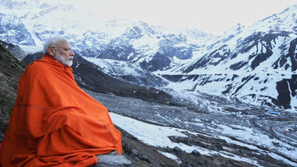 India's PM Narendra Modi during meditation in Kedarnath, India.