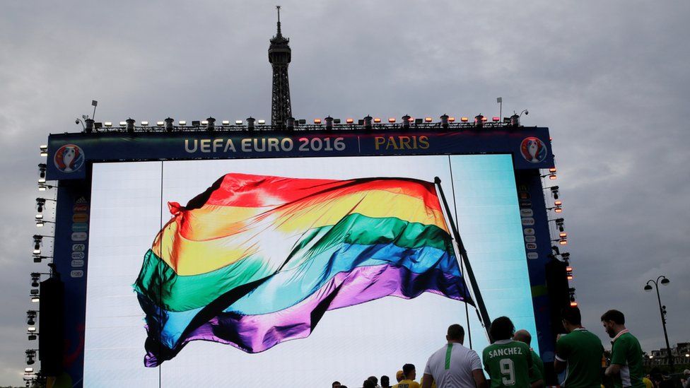 An LGBT flag in Paris during Euro 2016