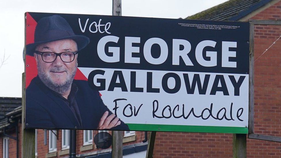 A George Galloway election sign near Castlemere Community Centre
