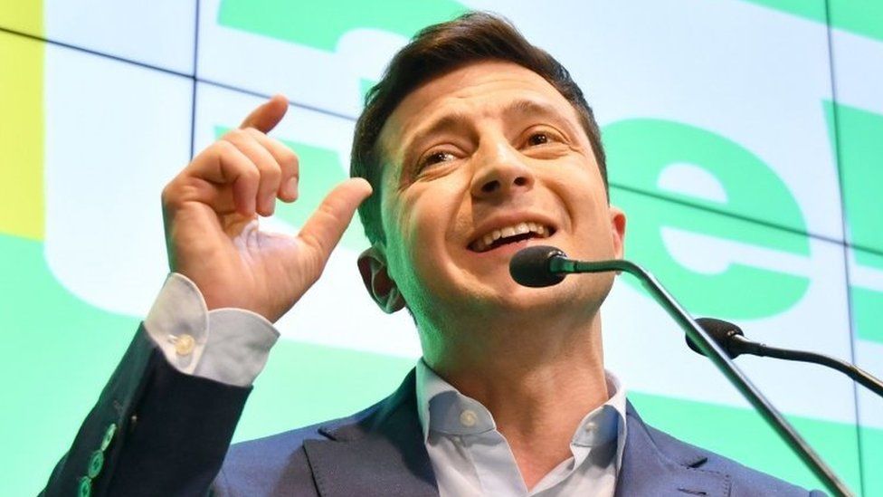 Volodymyr Zelensky speaks at a press conference following the announcement of his predicted presidential win following exit polls on April 21