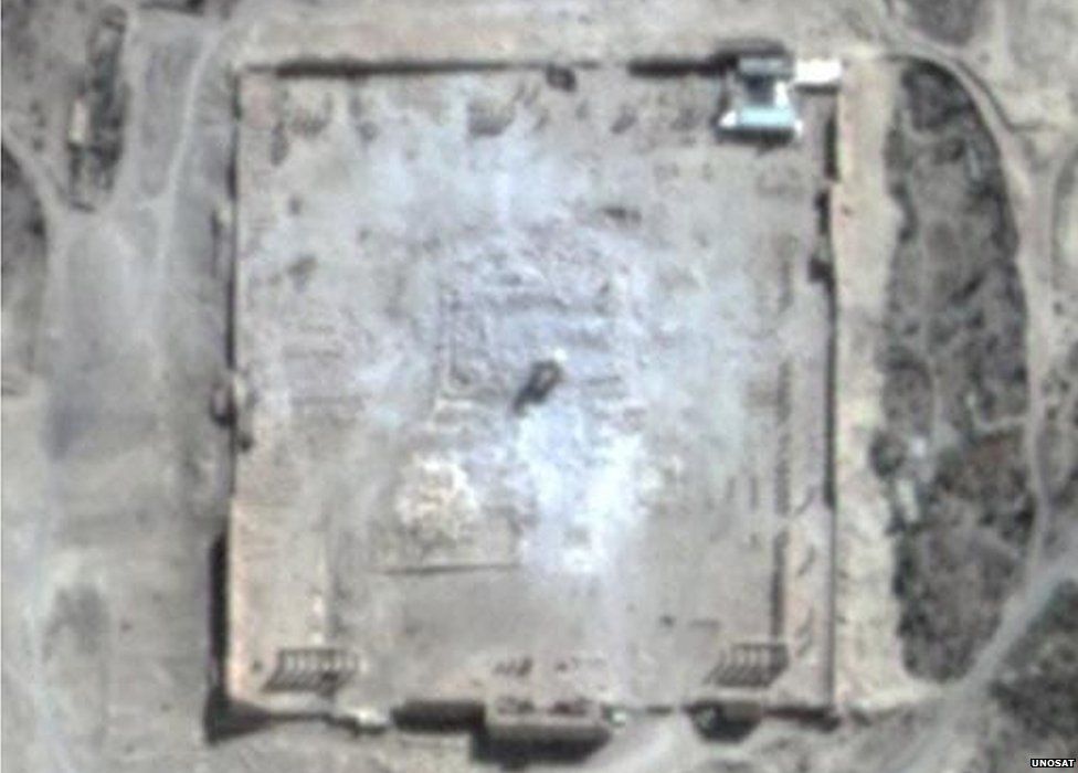 Satellite image of Palmyra showing destruction of the Temple of Bel