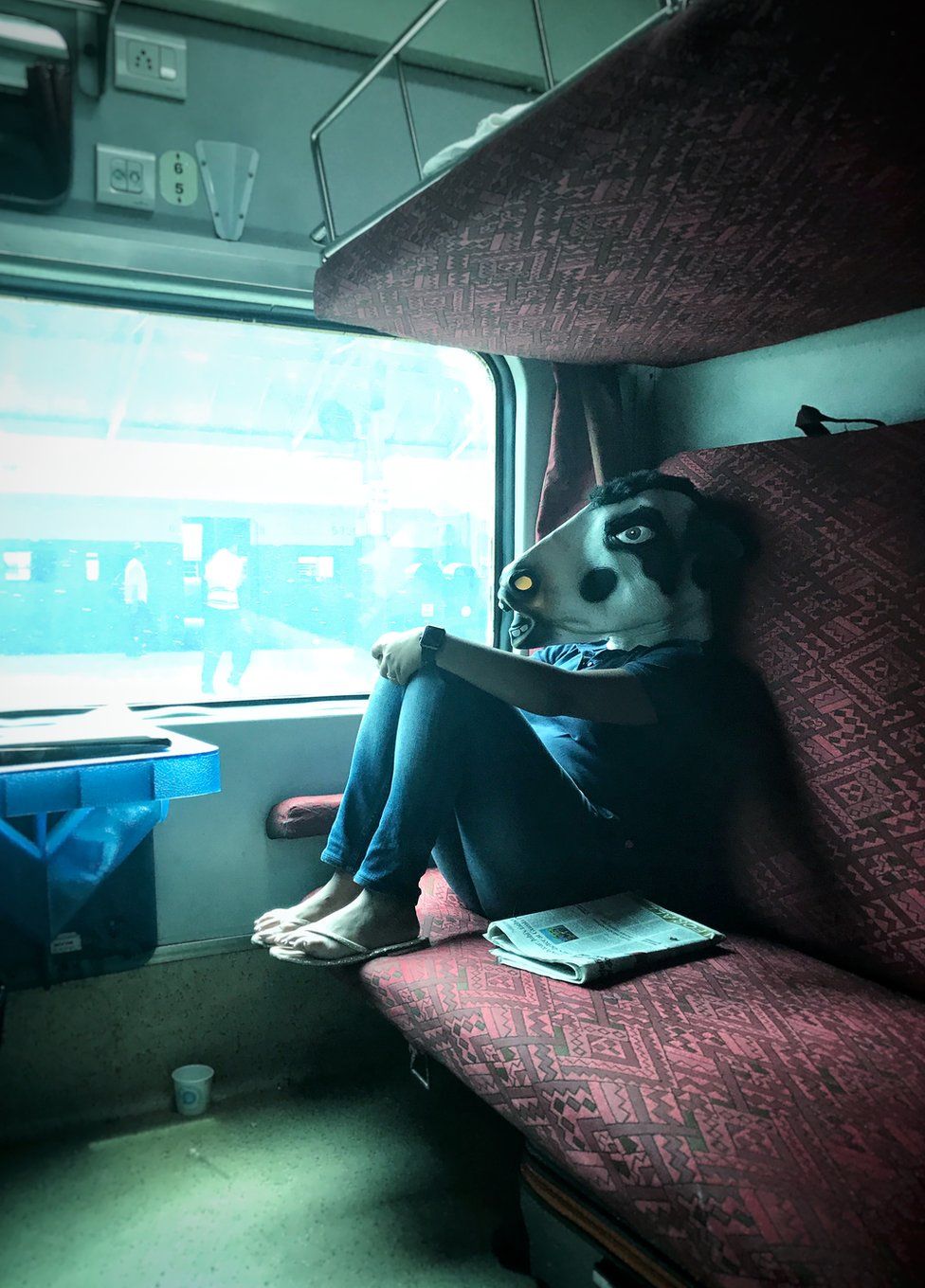 A woman with a cow mask in a train