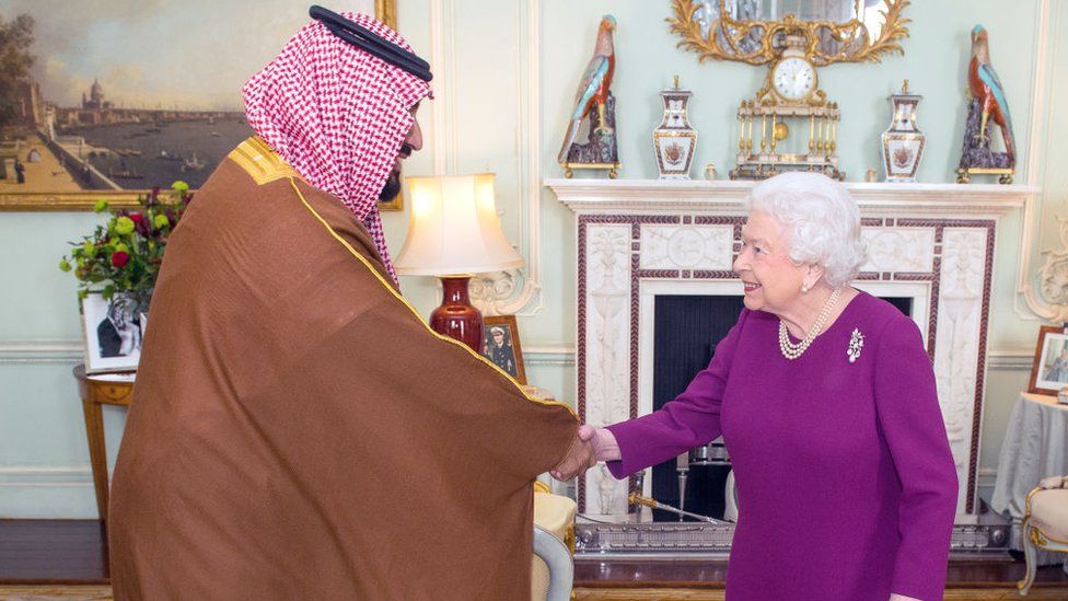 Queen Elizabeth II greets Mohammed bin Salman, the crown prince of Saudi Arabia, during a private audience at Buckingham Palace on 7 March 2018