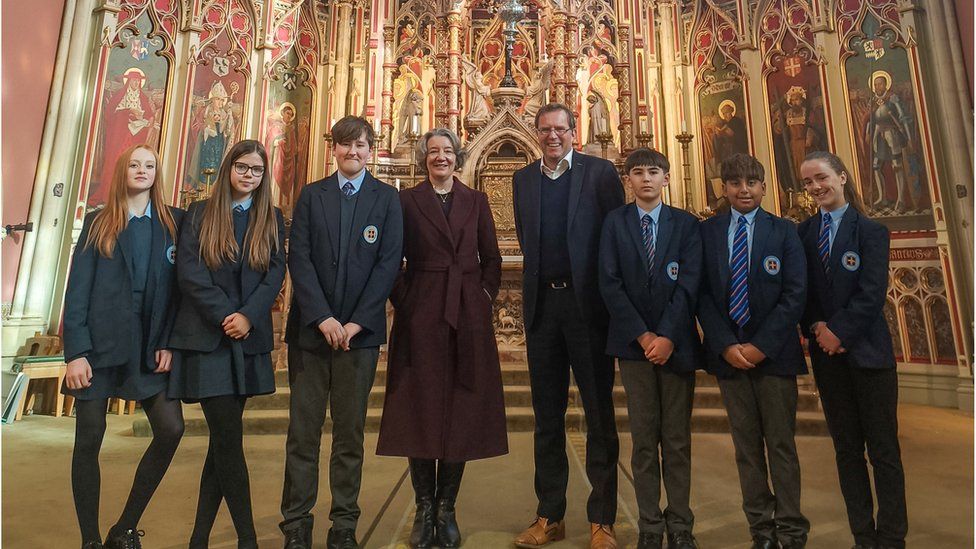 St Leonard's Pupils with Durham University's vice-chancellor Professor Karen O'Brien and head teacher Chris Hamill