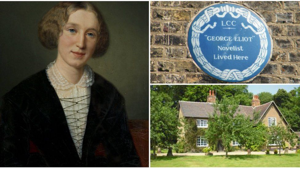 George Eliot with a blue plaque and her birthplace