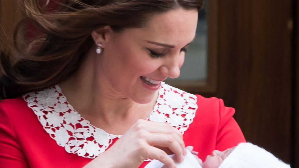 The Duchess of Cambridge with Prince Louis outside the Lindo Wing the day he was born