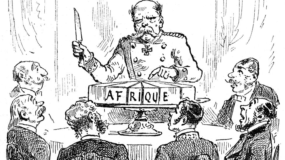 French commentary on the Berlin Conference of 1884-1885: Otto von Bismarck, then Chancellor or Germany, is portrayed here wielding a knife over a slicep-up cak, labelled "Africa". His fellow delegates around the table look on in awe.
