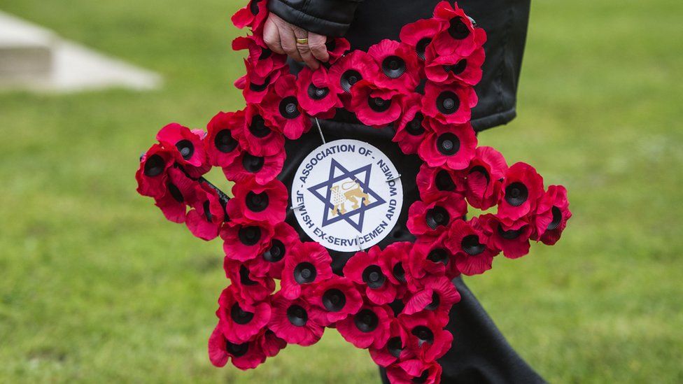 A man lays a wreath during a Holocaust Memorial Day commemoration event at the Imperial War Museum in London