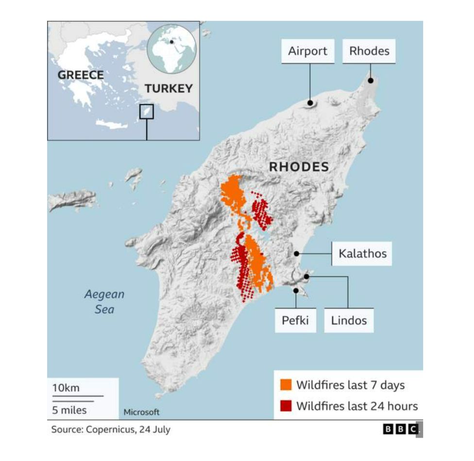 A map of Rhodes affected by wildfires