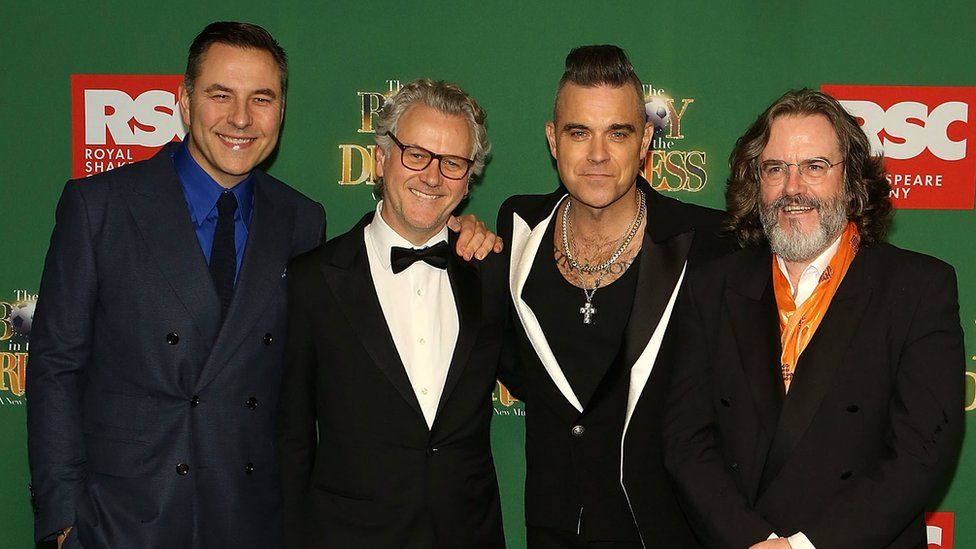 David Walliams (l) with Guy Chambers, Robbie Williams and Gregory Doran
