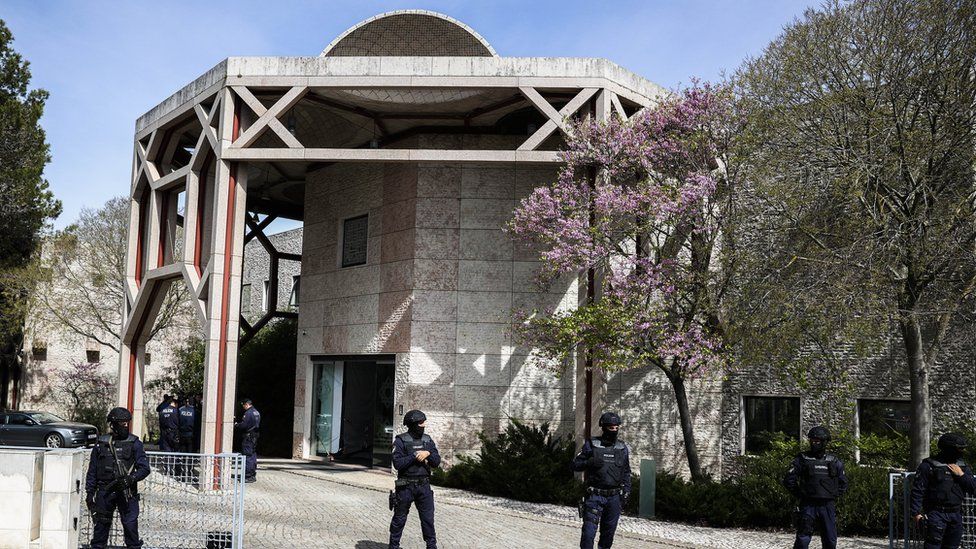 Police officers guard at the Ismaili Center in Lisbon, Portugal, 28 March 2023