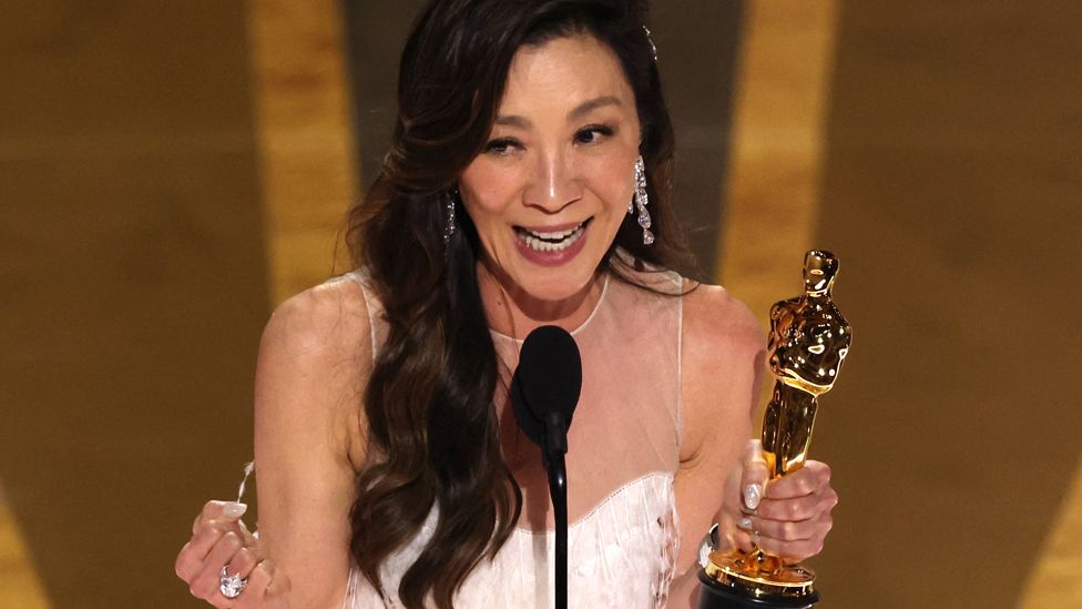 Michelle Yeoh accepts the Oscar for Best Actress during the Oscars show at the 95th Academy Awards in Hollywood, Los Angeles, California