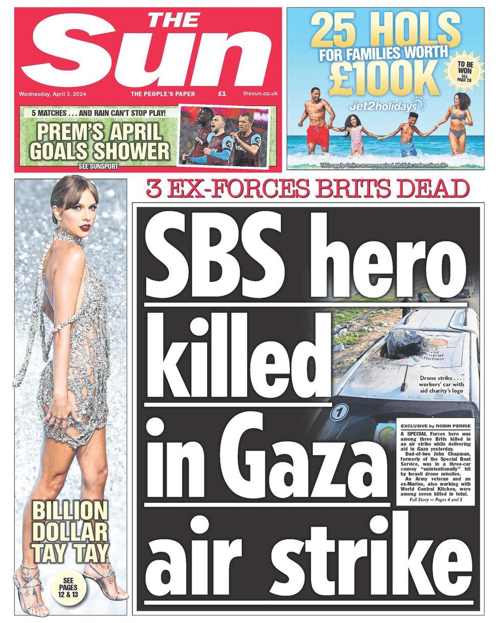 The Sun front page. The headline reads: SBS hero killed in Gaza air strike