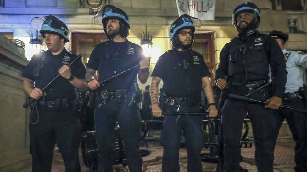 Police officers outside Hamilton Hall on Tuesday