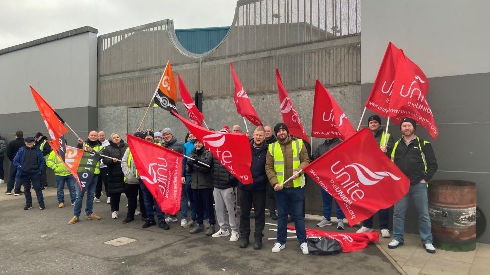 Worker's on the picket line at Short Strand Bus Depot in Belfast