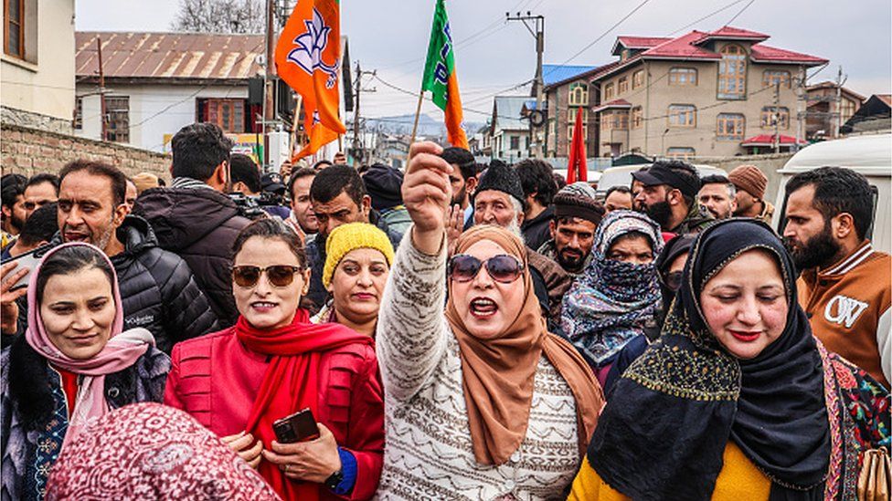 The BJP is inaugurating an election office for the Baramulla Parliamentary Constituency in the presence of State General Secretary Sunil Sharma in Baramulla, Jammu and Kashmir, India, on January 30, 2024. Hundreds of party workers, including men and women, are joining and raising pro-BJP slogans. (Photo by Nasir Kachroo/NurPhoto via Getty Images)