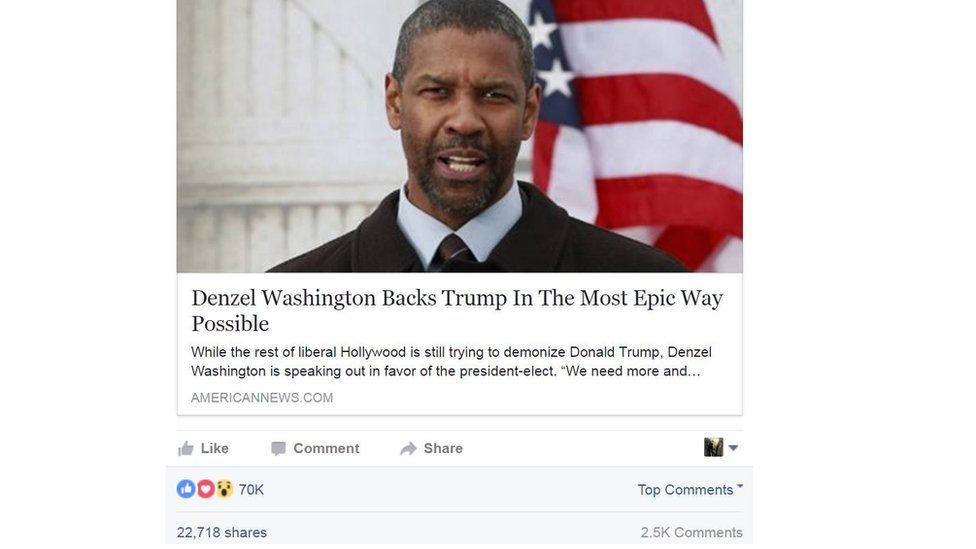 Picture of American News Facebook post linking to false story