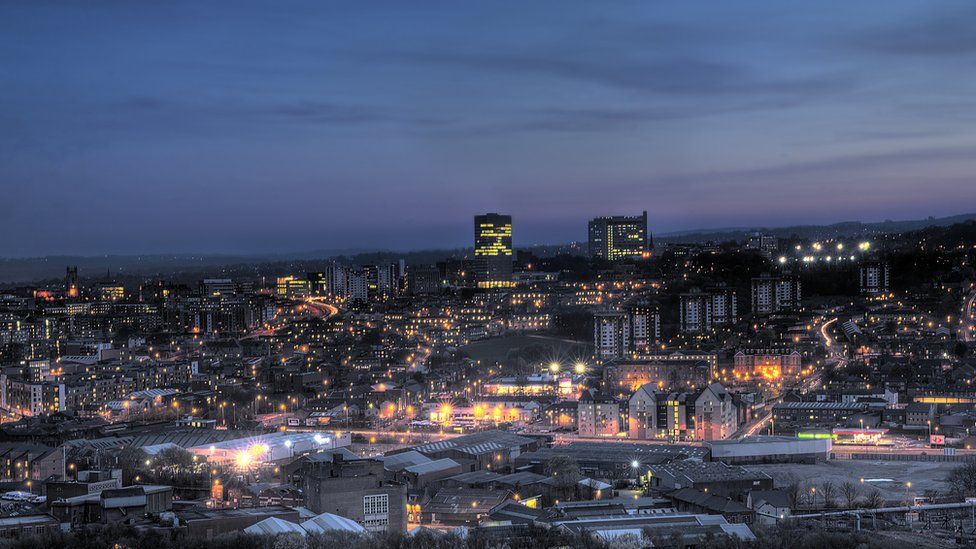 Aerial view of Sheffield at dusk