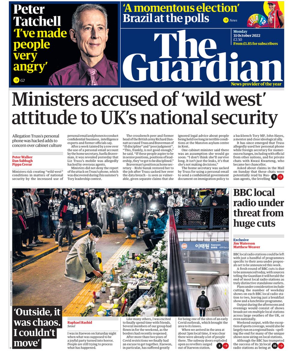 The Guardian's main image is of a man paying tribute at a memorial in Itaewon.