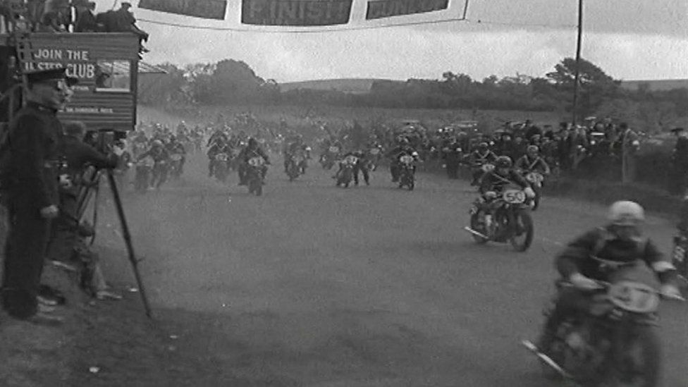 Nortons being ridden at the Ulster Grand Prix