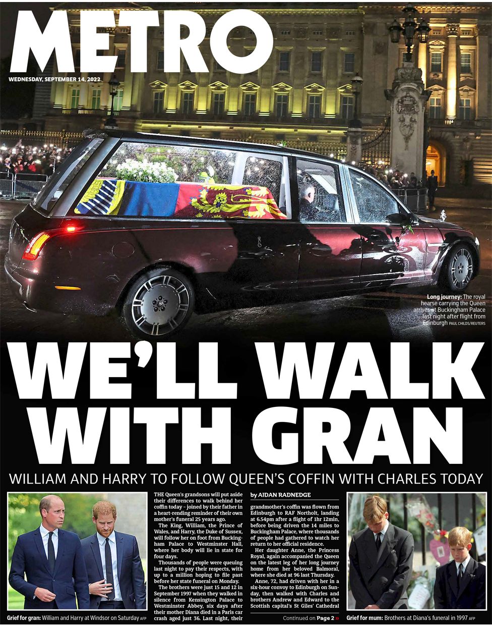 Metro jornais britânicos morte rainha Elizabeth cortejo Londres Reino Unido 