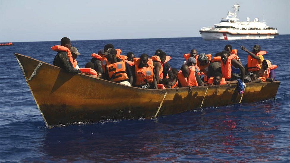 Migrants being rescued by the Spanish NGO Open Arms near Lampedusa on 3 August 2023