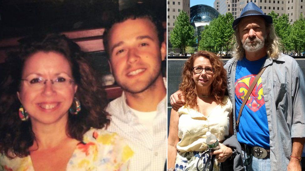 Kathy photographed alongside her adult son, as well as her husband in split image