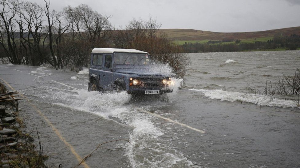 Flood water across the A592 in Cumbria