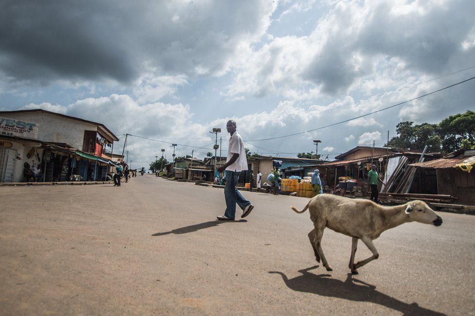 A man walks through the town as a goat runs past