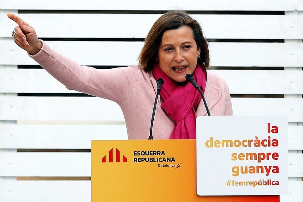 Carme Forcadell speaks at an ERC rally in Badalona, 10 December