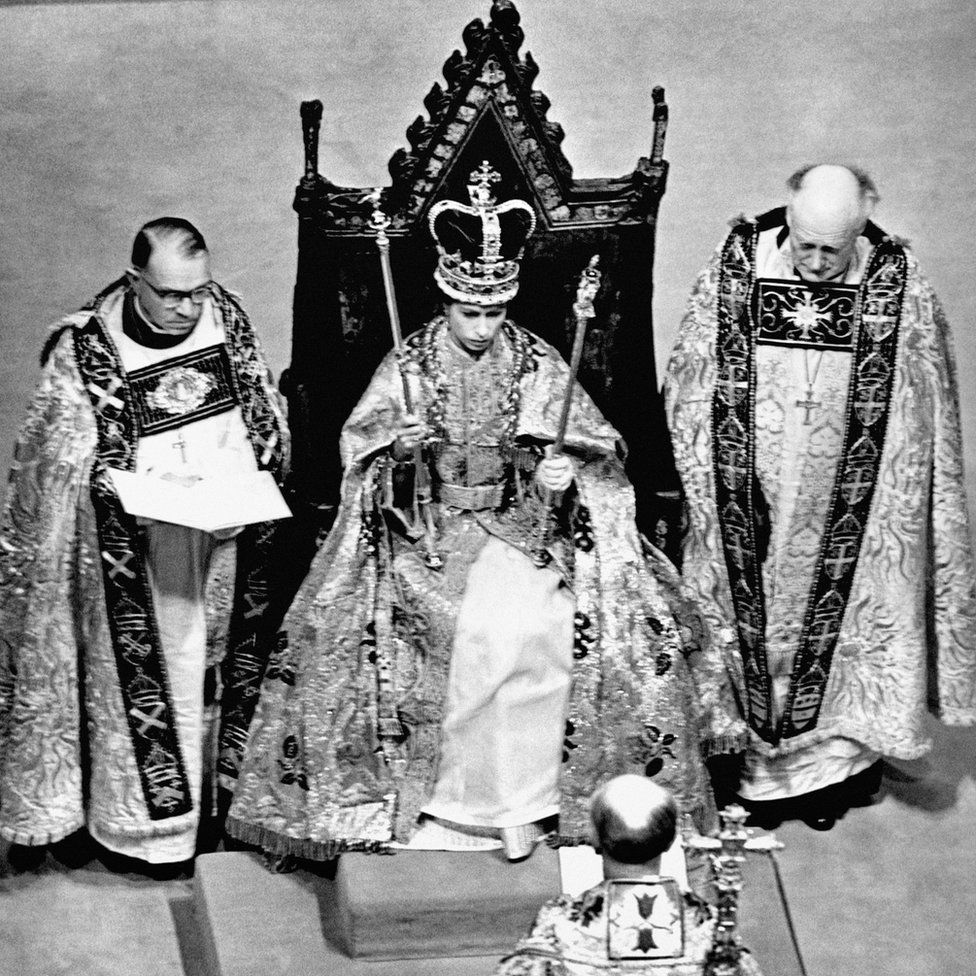 After the coronation in Westminster Abbey, London, Queen Elizabeth II is seen wearing the St Edward's Crown.